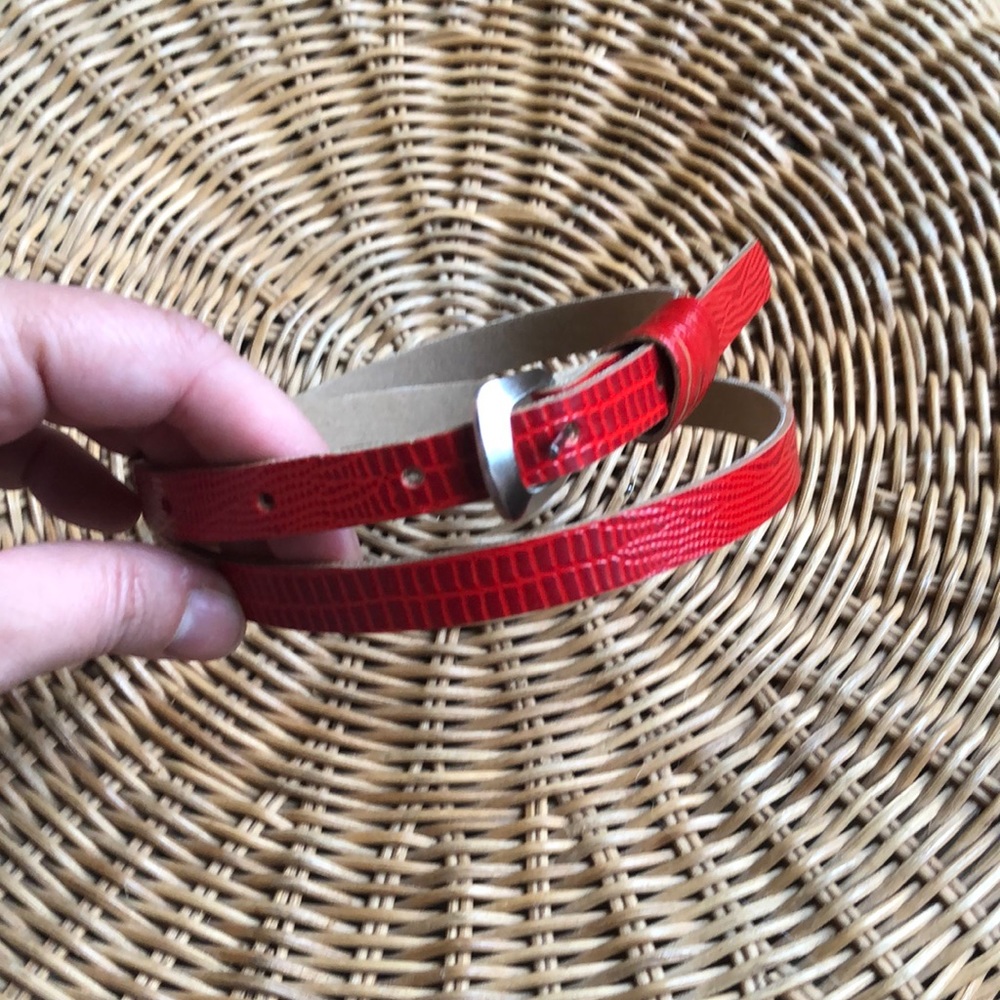 Red Faux Croc skinny belt with silver buckle